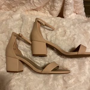 Neutral color, chunky heel sandals with ankle straps